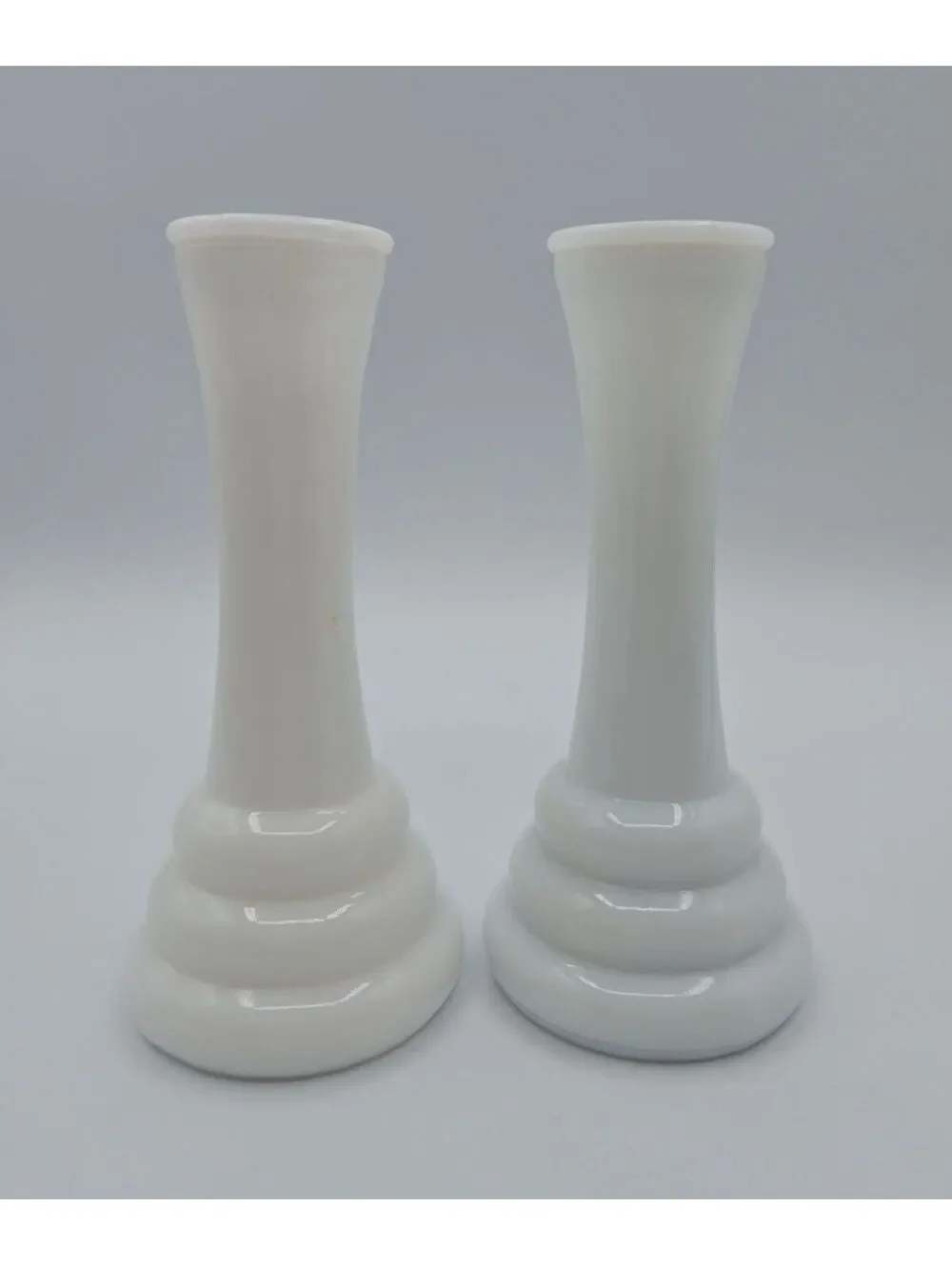 Vintage Randall Milk Glass Bud Vases Pair White Beehive MCM Cottage Tiered 6